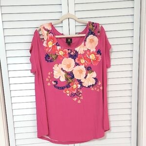 JM Collection Top, Size 3X, Pink Floral, Cold Shoulder Style, Stretch Fabric NEW